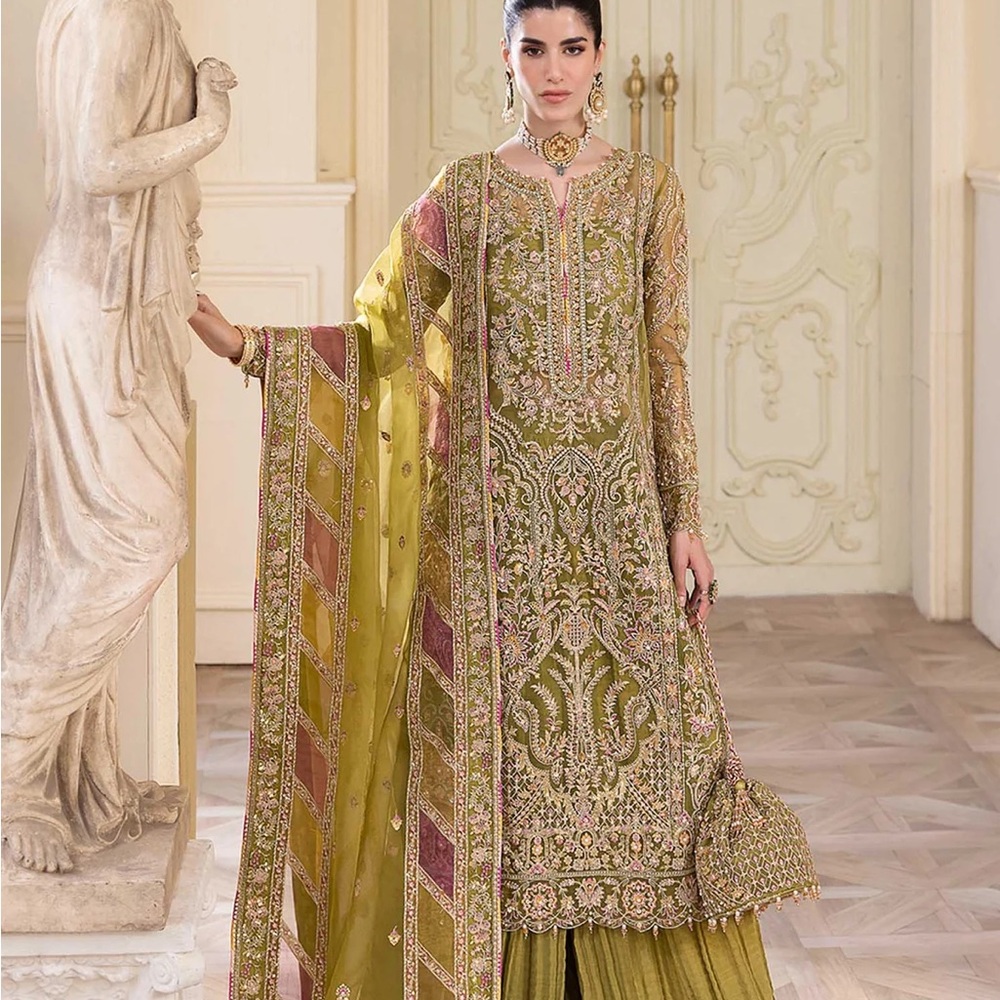 Pink and Green Embellished Tiered Long Sleeve Dress